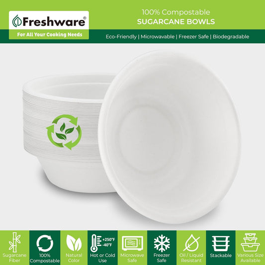 Freshware Paper Bowls - Disposable 32 oz Soup Bowl, 500-Pack Biodegradable Sugarcane Fiber Serving Bowls - Heavy Duty Bagasse for Hot Food Plates - Microwave & Freezer Safe, Stackable Dinnerware