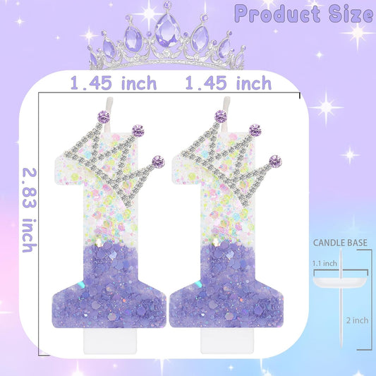 Purple White Number 11 Candle, Glitter Crown Cake Topper, Princess Birthday Party Decorations for Girls and Women Anniversary Celebrations Party Favors