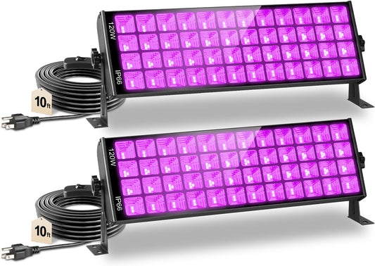 120W Waterproof LED Black Lights, YQNLIFA 2 Pack 10Ft Cable Black Light Bar with Plug & Switch, IP66 Indoor/Outdoor Blacklight for Neon Glow Party, Body Paint, Fluorescent Reactive, Back Yard, Stage