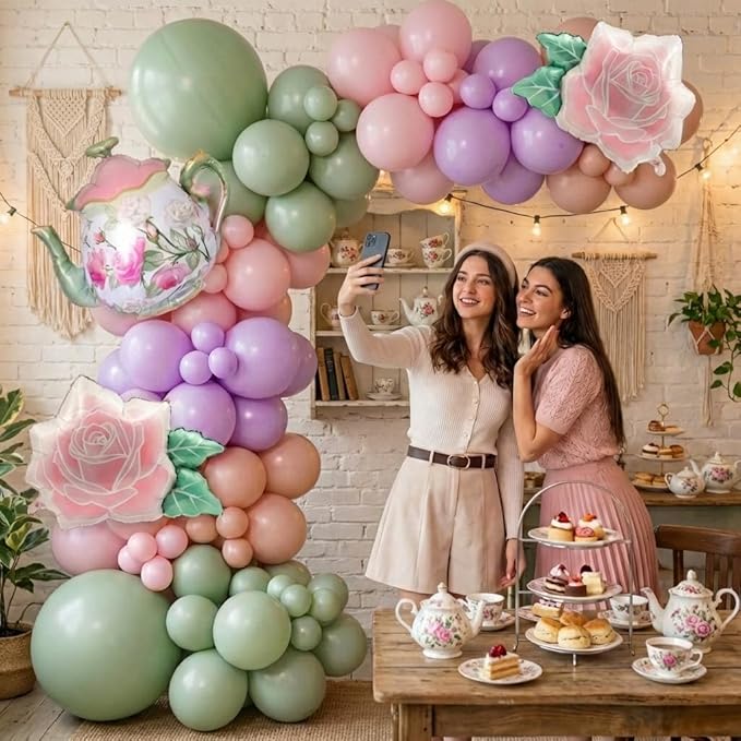 Tea Party Balloon Garland Kit 150Pcs – Pink Sage Green Pastel Purple Balloons with Teapot & Floral Foil – Garden Party Decorations, Baby Shower, Bridal Shower, High Tea, Let's Partea Decor