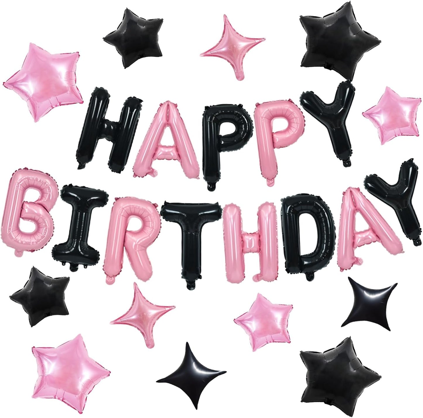 TONIFUL 35PCS Black Pink Happy Birthday Decorations Kit 16 Inch Happy Birthday Balloon Banner with Star Balloons Mylar Foil Birthday Party Decorations Supplies for Men Women Adults Girls Boys Kids