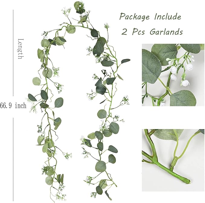 2 Pack Artificial Eucalyptus Garland with Baby Breath Flowers 5.57Ft Faux Gypsophila Vine Hanging for Wedding Arch Garden Porch