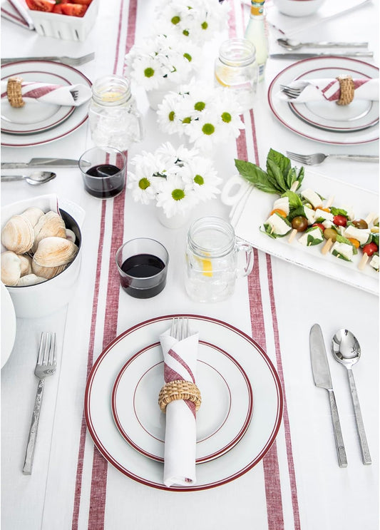 Solino Home Linen Table Runner 90 Inches Long - French Stripe, 100% Pure Linen Burgundy and White Farmhouse Table Runner 14 x 90 Inch Ideal for Dining, Fall, Autumn, Thanksgiving