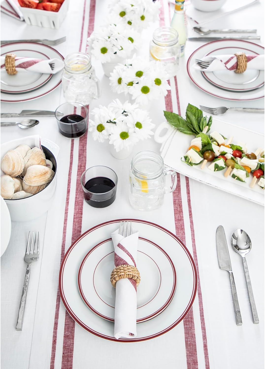 Solino Home Linen Table Runner 120 Inches Long - French Stripe, 100% Pure Linen Burgundy and White Farmhouse Table Runner 16 x 120 Inch Ideal for Dining, Fall, Autumn, Thanksgiving