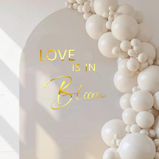 Love is in Bloom Decal - Bridal Shower Party Decoration Supplies, Bride-to-Be, Wedding, Bachelorette Party Wall Sticker, Gold Sign Bloom Decal Balloon Arch Decoration