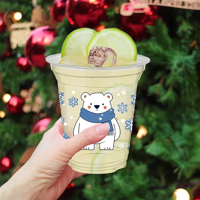 VDESFUEBY 50Pcs 12 OZ Polar Arctic Animals Winter Plastic Cups Winter Wonderland Party Decorations Christmas Holiday Decorations