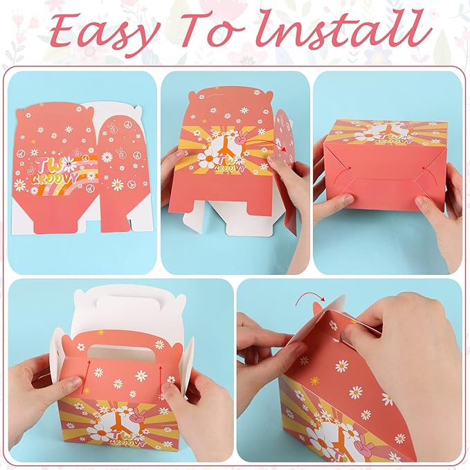 MIKIMIQI 12 PCS Groovy Boho Rainbow Hippie Party Decorations Boxes - Retro Daisy Party Gift Bags for Girls 2nd Birthday