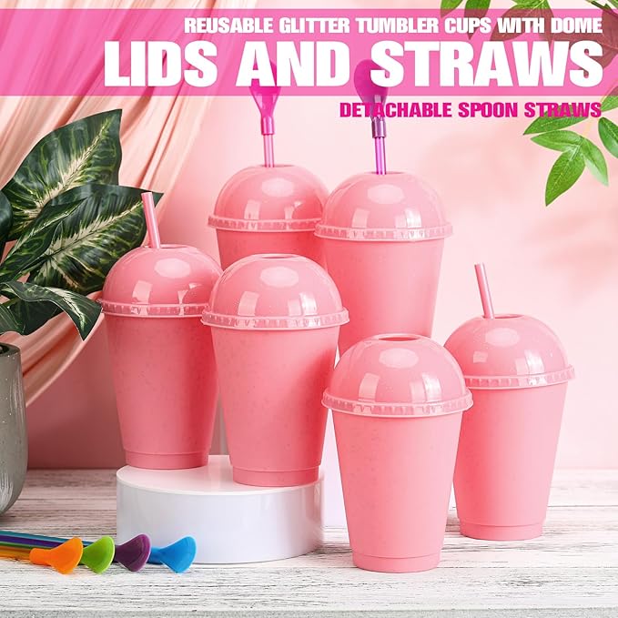 6 Set Slushie Cups with Dome Lids and Straws Detachable Spoon Straws Reusable Plastic Iced Coffee Cups Smoothie Tumbler for Birthdays Summer Party Supplies(Pastel Pink,16 oz)