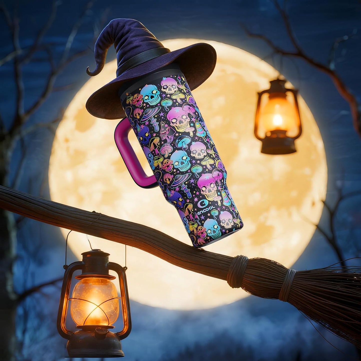 40oz Halloween Tumbler with Handle and Straw, Stainless Steel Insulated Water Bottle with Straw, Leak-Proof, Cup Holder Friendly, Keeps Cold 24 H, Gifts for Women Men, Trippy Skulls