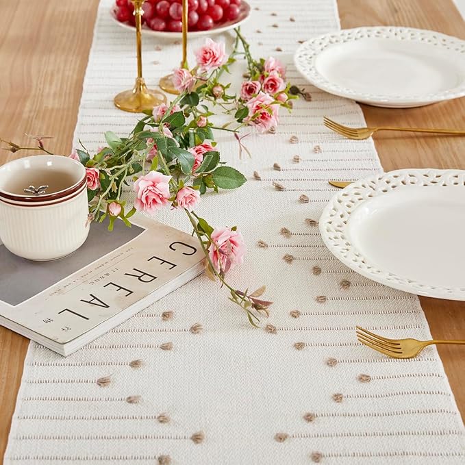 Wracra Boho Table Runner, Natural Cotton Woven Macrame Table Runners 48 Inches Long for Modern Farmhouse Woven Home Decor, 14x48 Inch, Taupe