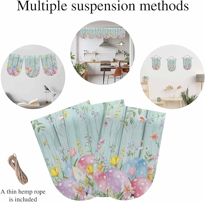 Easter Eggs Banner 3Pcs Indoor Outdoor Hanging Banner Flag Spring Daisy Eucalyptus Leaves Teal Wooden Sign for Fireplace Mantel Decorative Bunting Garland Valance for Shop Door Mantle Decor 9.8"x15.8"