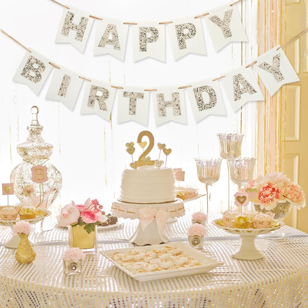 Felt Happy Birthday Banner with Glitter Letters, Cream White Boho Groovy Garland, Reusable Gold Glitter Sign, Thick Felt Bunting Decor for Sweet 16 21st 30 40 50 60 70 Birthday Party