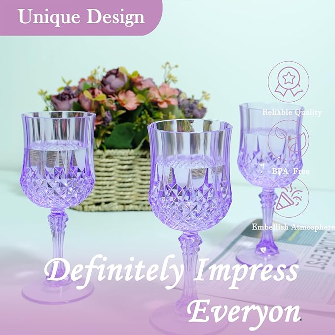 Plastic Wine Glasses, Plastic Goblets Vintage Style Cordial Unbreakable Drinking Glasses, Reusable Drinkware for Wedding Reception, Grand Event Party Supplies, Easter (12, Purple)