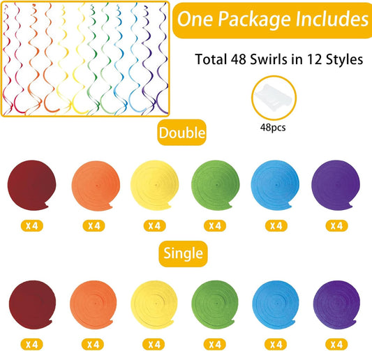 48 Pcs Colorful Hanging Swirl Party Decorations Rainbow Felt Ceiling Spiral Streamers with Hooks for Birthday Wedding Bridal Shower Baby Shower Carnival Fiesta Festival Party Supplies