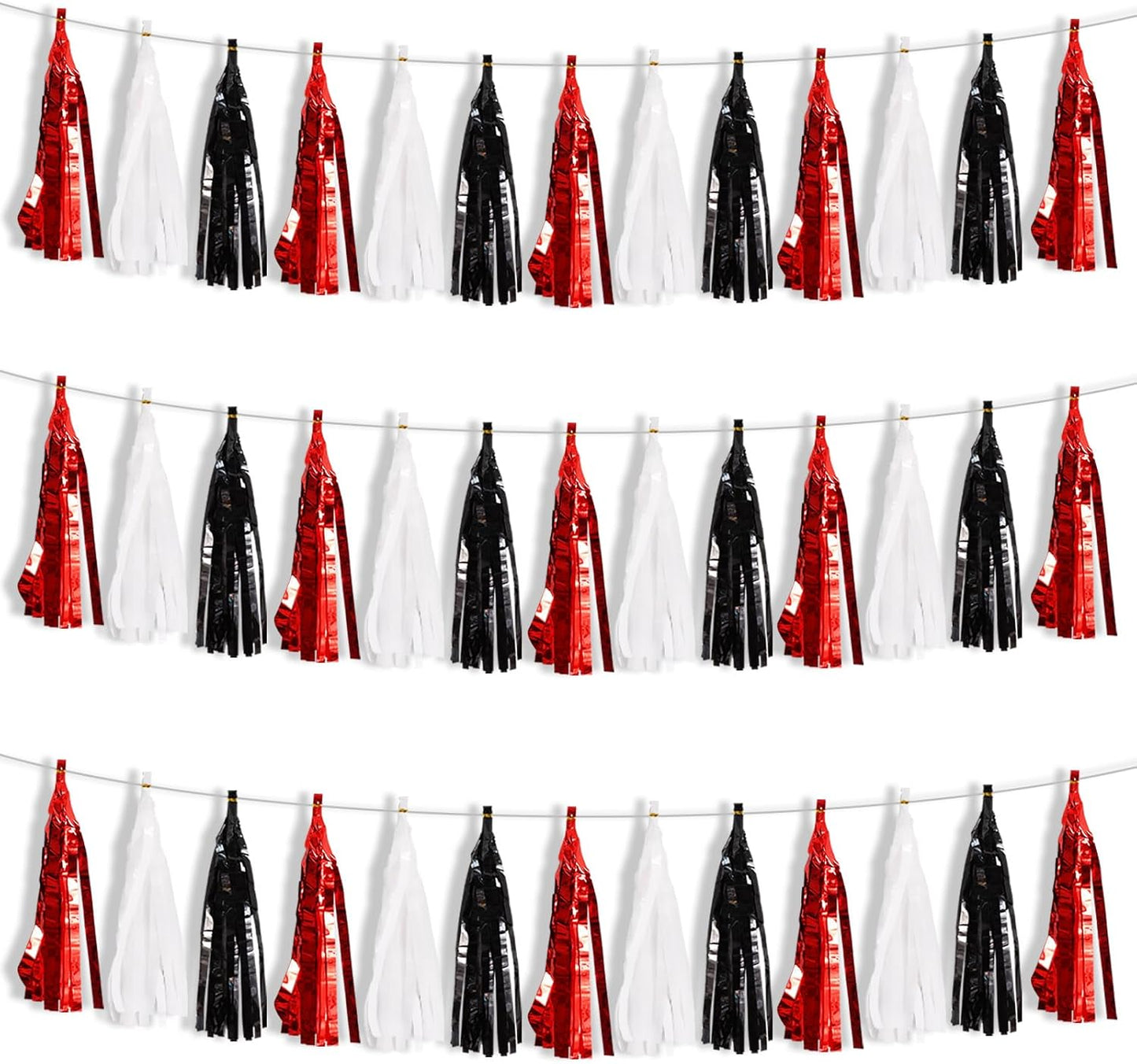 BEISHIDA 3 Packs Red Black White Metallic Foil Fringe Tassel Garland, Tassels Banner Streamers for Car Floats Bridal/Baby Shower Birthday Wedding Halloween Christmas Holiday Party Decoration