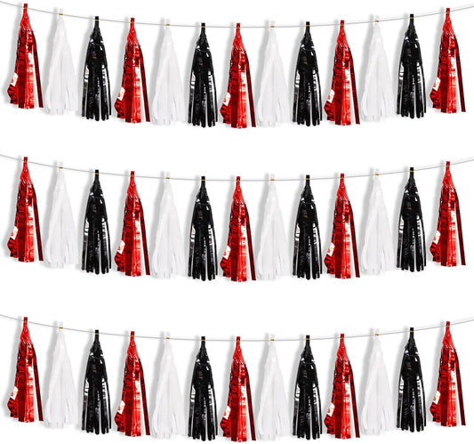BEISHIDA 3 Packs Red Black White Metallic Foil Fringe Tassel Garland, Tassels Banner Streamers for Car Floats Bridal/Baby Shower Birthday Wedding Halloween Christmas Holiday Party Decoration