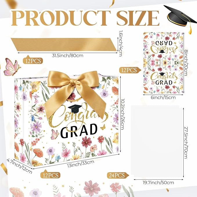 Maitys 12 Pack 13" Large 2026 Graduation Gift Bags Bulk with Handle, Tissue Papers, Cards, Ribbons Class of 2026 Congrats Grad Wildflower Paper Wrapping Bag for College Graduation Party Supplies