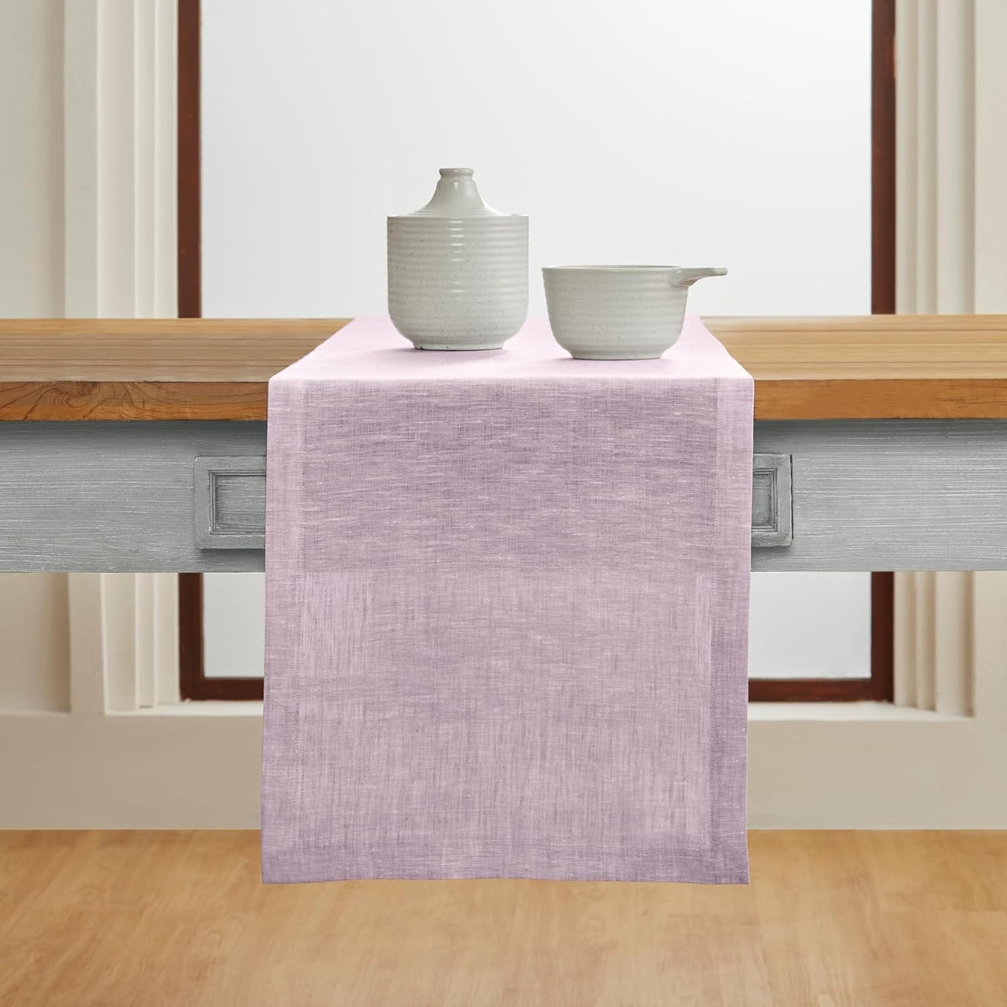 Solino Home Linen Short Table Runner 60 Inches - Athena, 100% Pure Linen Chambray Lavender Table Runner 14 x 60 Inch Ideal for Dresser and Coffee Tables - Thanksgiving, Holiday