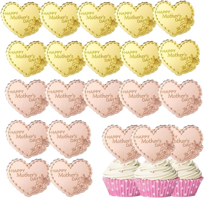 20 Pcs Mother's Day Cupcake Topper Acrylic Cake Disc Mirror Heart Cake Topper Engraved Happy Mother's Day Cake Topper Cupcake Decorations for Birthday Mother's Day Gifts Party Decor (Gold & Rose Gold)