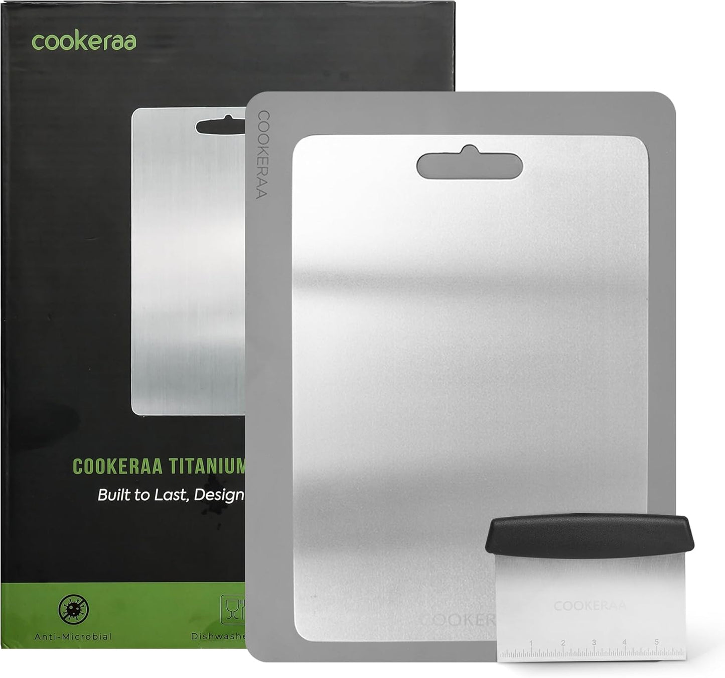 Titanium Cutting Board with Anti-Slip Silicone Pad & Multipurpose Scraper, Food Grade Rustproof Stainless Steel Cutting Board Kitchen Set, Space Saving Design, Non-Skid Bottom (11.4" x 7.8")