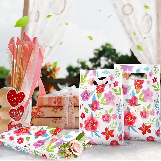 100 Pcs Wildflower Gift Bags Vintage Wildflower Party Favor Bag with Handle Plastic Goodie Candy Treat Gift Wrapping for Wedding Baby Shower Birthday Party Favors Supplies(Wildflowers)