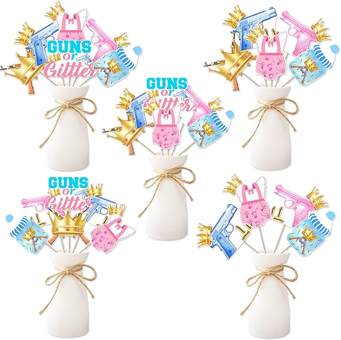 Guns or Glitter Gender Reveal Decorations, 24 Piece Guns or Glitter Table Centerpiece Stick Table Topper Pink and Blue Decor for Gender Reveal Baby Shower Party Supplies