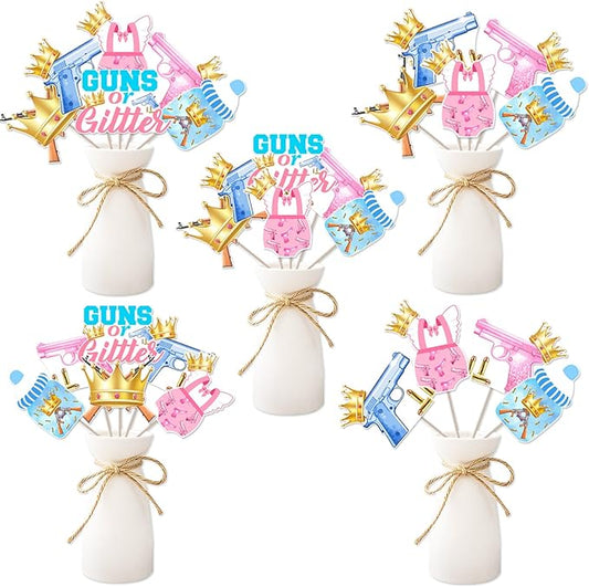 Guns or Glitter Gender Reveal Decorations, 24 Piece Guns or Glitter Table Centerpiece Stick Table Topper Pink and Blue Decor for Gender Reveal Baby Shower Party Supplies
