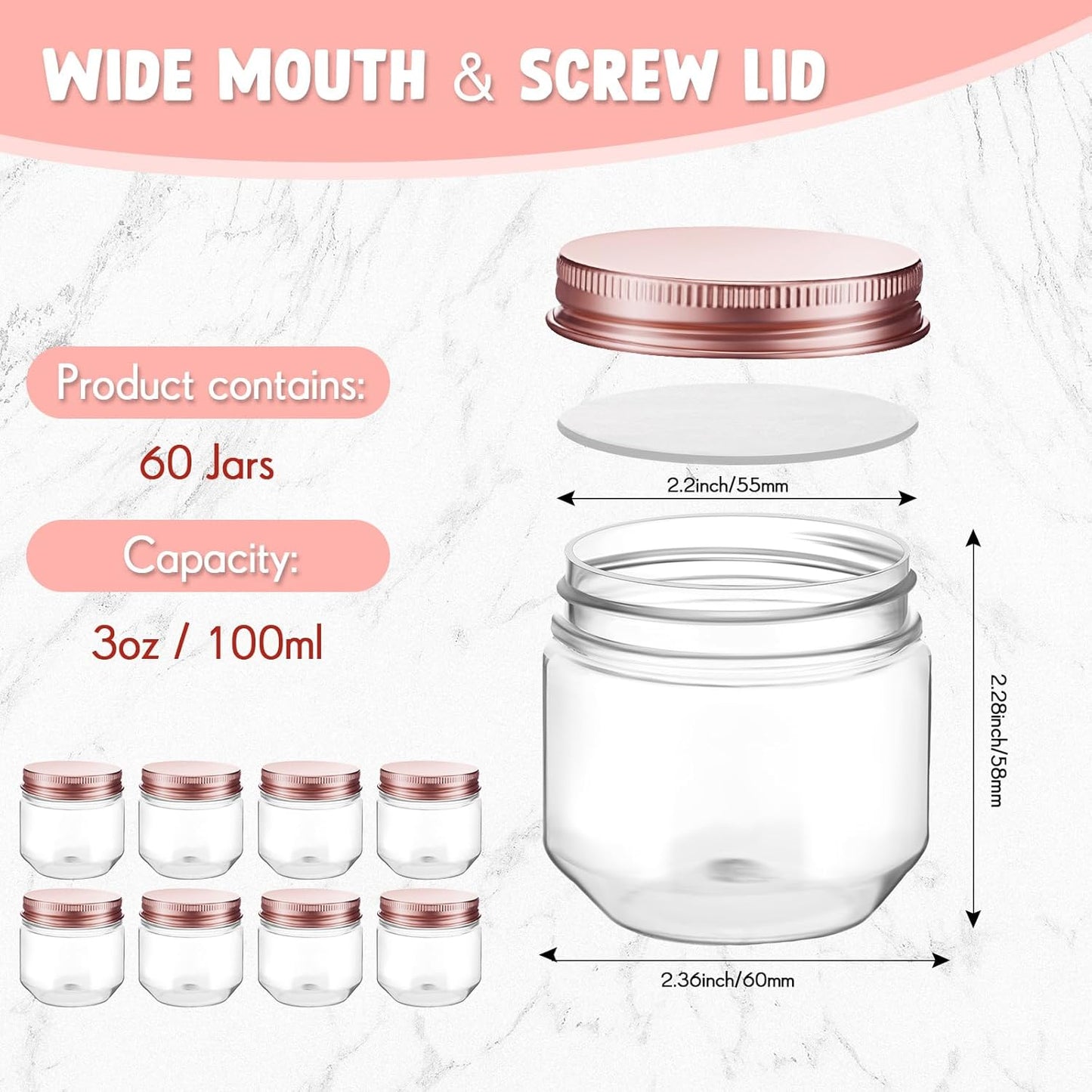 Tanlade 60 Pcs 3 oz Clear Plastic Jars with Lids Wide Mouth Mason Jars Mini Storage Containers Bulk for Herb Jelly Wedding Valentine Favors Shower Party Favors(Rose Gold)
