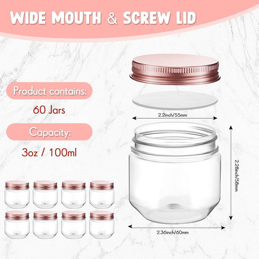 Tanlade 60 Pcs 3 oz Clear Plastic Jars with Lids Wide Mouth Mason Jars Mini Storage Containers Bulk for Herb Jelly Wedding Valentine Favors Shower Party Favors(Rose Gold)