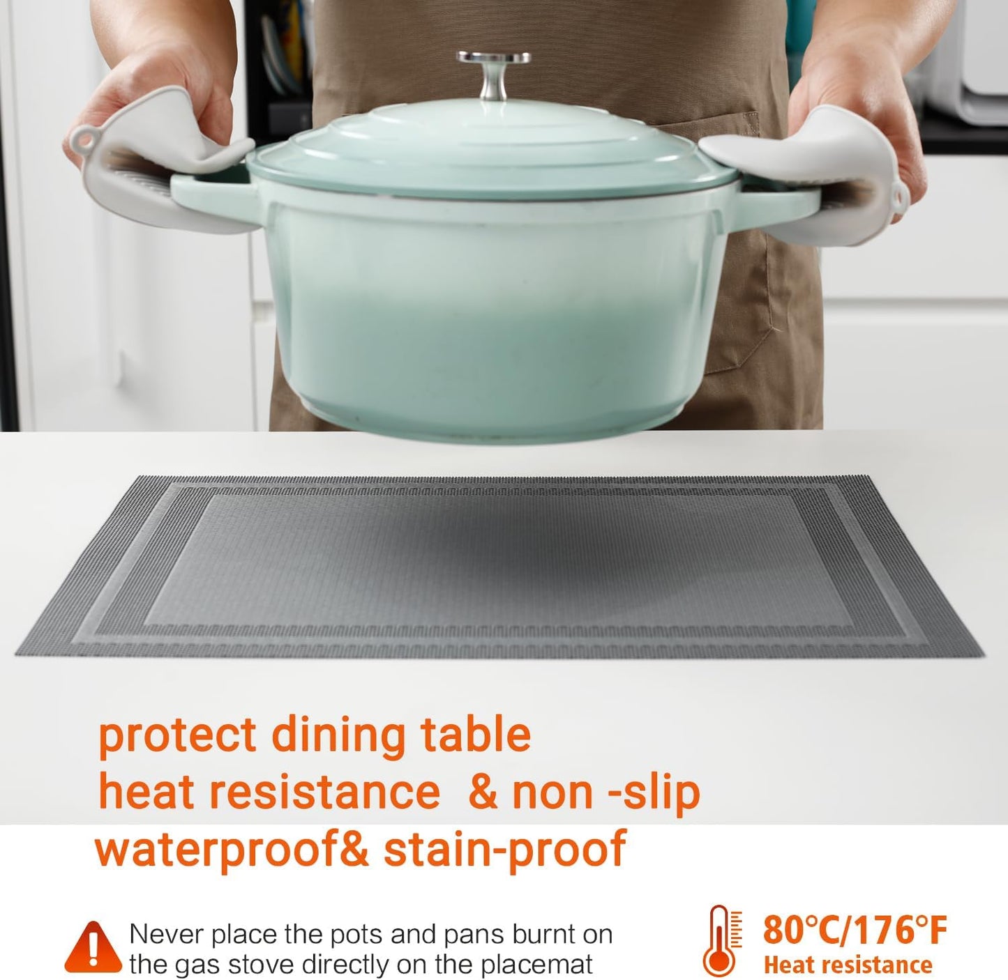 Placemats Set of 6,Washable,Heat and Stain Resistant Indoor/Outdoor Place mats,Vinyl Woven Non Slip Table Mats for Restaurant Table Protection,PVC Placemats(Gray,6PCS)