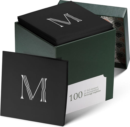 100 Pack Disposable Monogrammed Cocktail Napkins Black, 5"x5" Linen-Feel Silver Foil Letter M Paper Napkins, Initial White Beverage Napkins For Wedding, Party, Bar Or Holiday