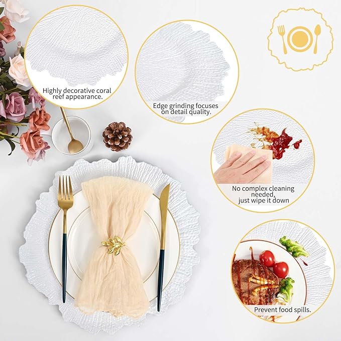 Pesonlook 50Pcs White Charger Plates Round 13inch, Reef Plate Chargers for Dinner, Bulk Plastic Floral Table Plates for Dinner Wedding Party Event Table Setting Decoration(White)