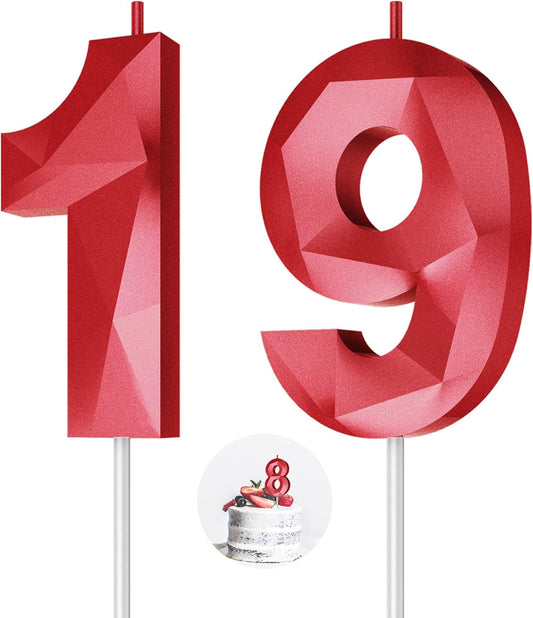 Number Birthday Candles(19 Candle Red) 3D Diamond Shape Number Happy Birthday Cake Candles for Birthday Party Wedding Decoration Reunions Theme Party
