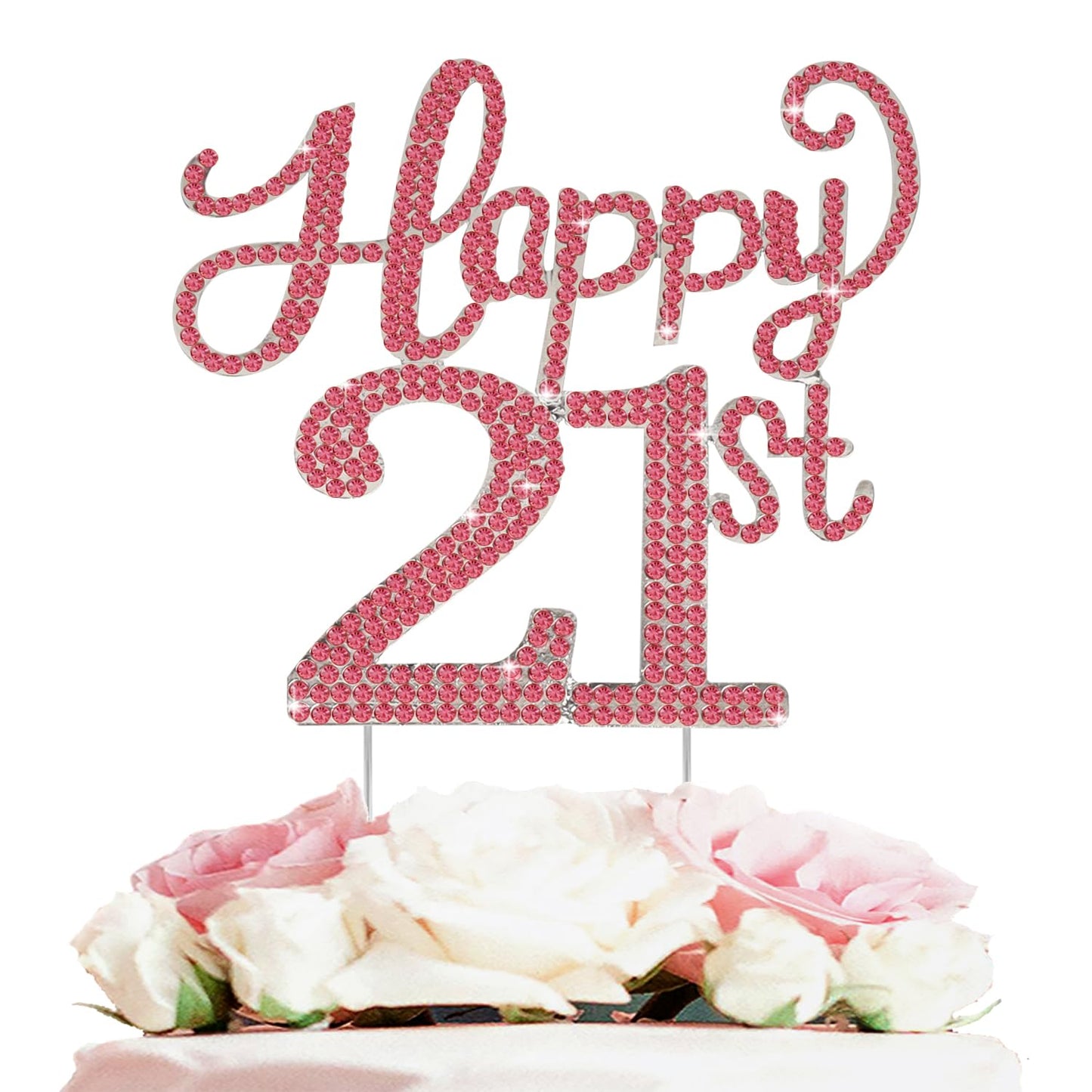 LASKYER Happy 21st Birthday Decorations,21st Birthday Silver & Red Rhinestone Cake Topper - Cheers to 21 Years Old Bday Party Metal Sparkly Cake Centerpieces Sign.