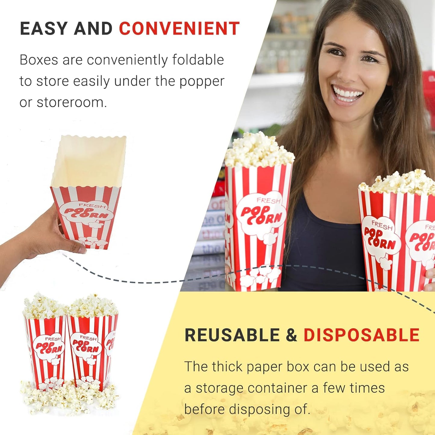 110 Movie Night Popcorn Paper Boxes Buckets 7.75 Inches Tall Large Box & Holds 46 Oz Old Fashion Vintage Retro Party Design Red & White Colored Nostalgic Carnival Stripes Bags & Tubs various qty avail