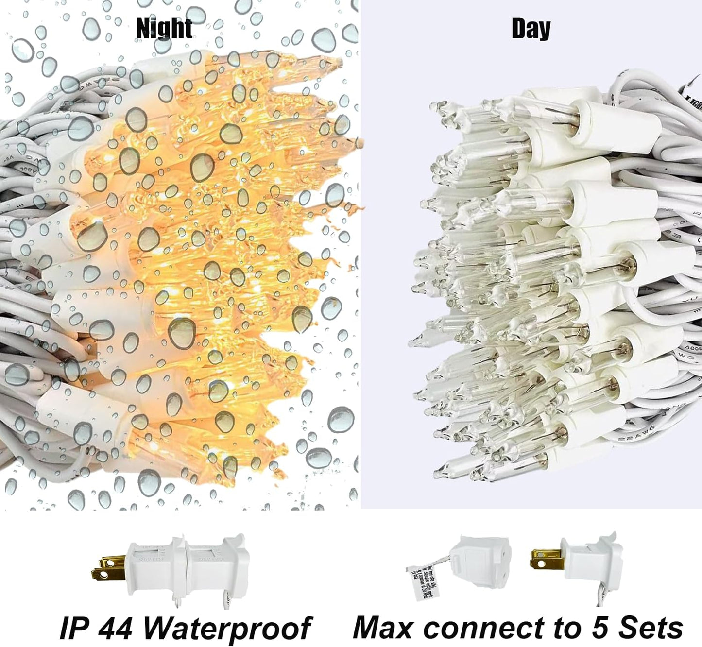 Christmas Lights 100 Counts, Indoor Outdoor,White Wire Connectable of Lighting String Warm White,Decorations for Holiday, Party,Festival,Christmas String Lights (White-Clear)