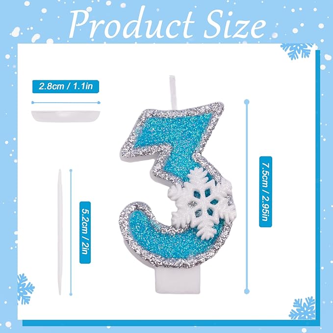 Blue Snowflake Birthday Candles Frozen Themed Number 3 Candles for Cake Topper Cupcake Decorations Party Decor Anniversary Celebrations Supplies