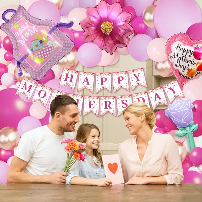 112PCS Mother's Day Balloons Arch Garland Kit Mothers Day Decorations Foil Mothers Day Balloon Flower Best Mom Balloon Latex Hot Pink Rose Gold Pink Balloons Happy Mother's Day Banner Birthday Decor