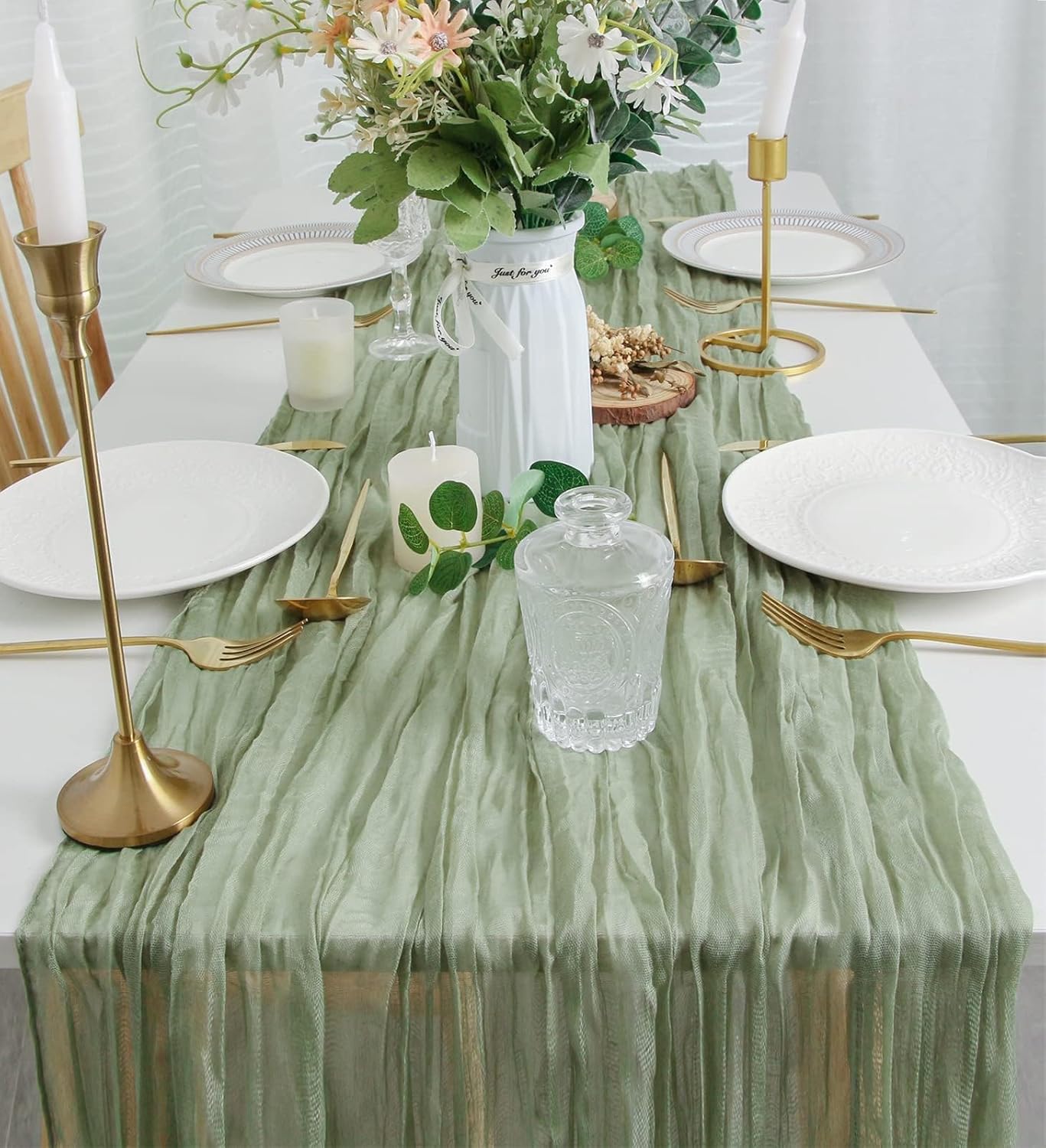 FEXIA 12 Pack Sage Green Table Runner 35x120 Inches for Baby Shower Decoration Gauze Rustic Boho Table Runner for Wedding Party First Communion Centerpiece Engagement Bridal Shower Boho Decoration