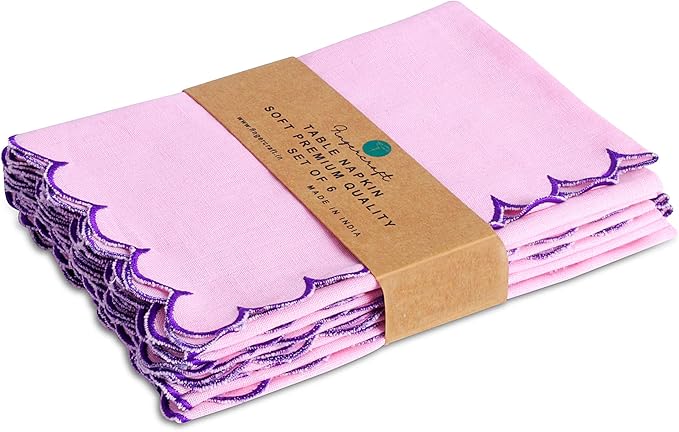 FINGERCRAFT Cloth Napkins, Everyday Use Reversible Scallop Design, Premium Quality Cotton Linen Blend Napkin Set of 6 Perfect for Parties Dinners Weddings Easter Napkin Cloth 20x20 Inch Pastel Rose