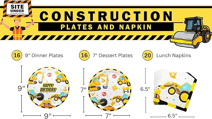 Blue Orchards Construction Plates and Napkins (52 Pieces for 16 Guests) - Construction Birthday Party, Construction Decorations, Excavator Party, Plates and Napkins, Construction Theme Party