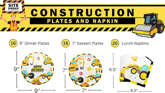 Blue Orchards Construction Plates and Napkins (52 Pieces for 16 Guests) - Construction Birthday Party, Construction Decorations, Excavator Party, Plates and Napkins, Construction Theme Party