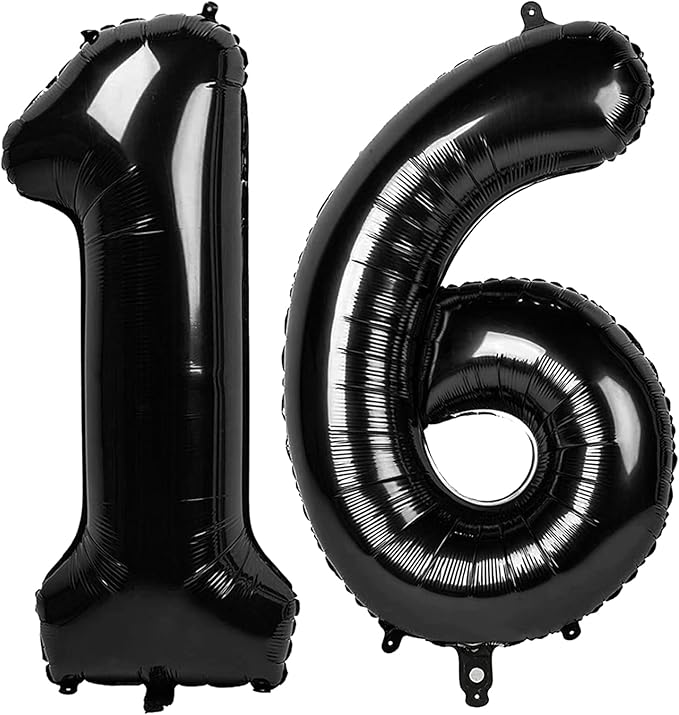 Black Number 16 Balloon 40 Inch, 16th Birthday Party Decorations for Children, Giant 16 Foil Balloon for Party Supplies