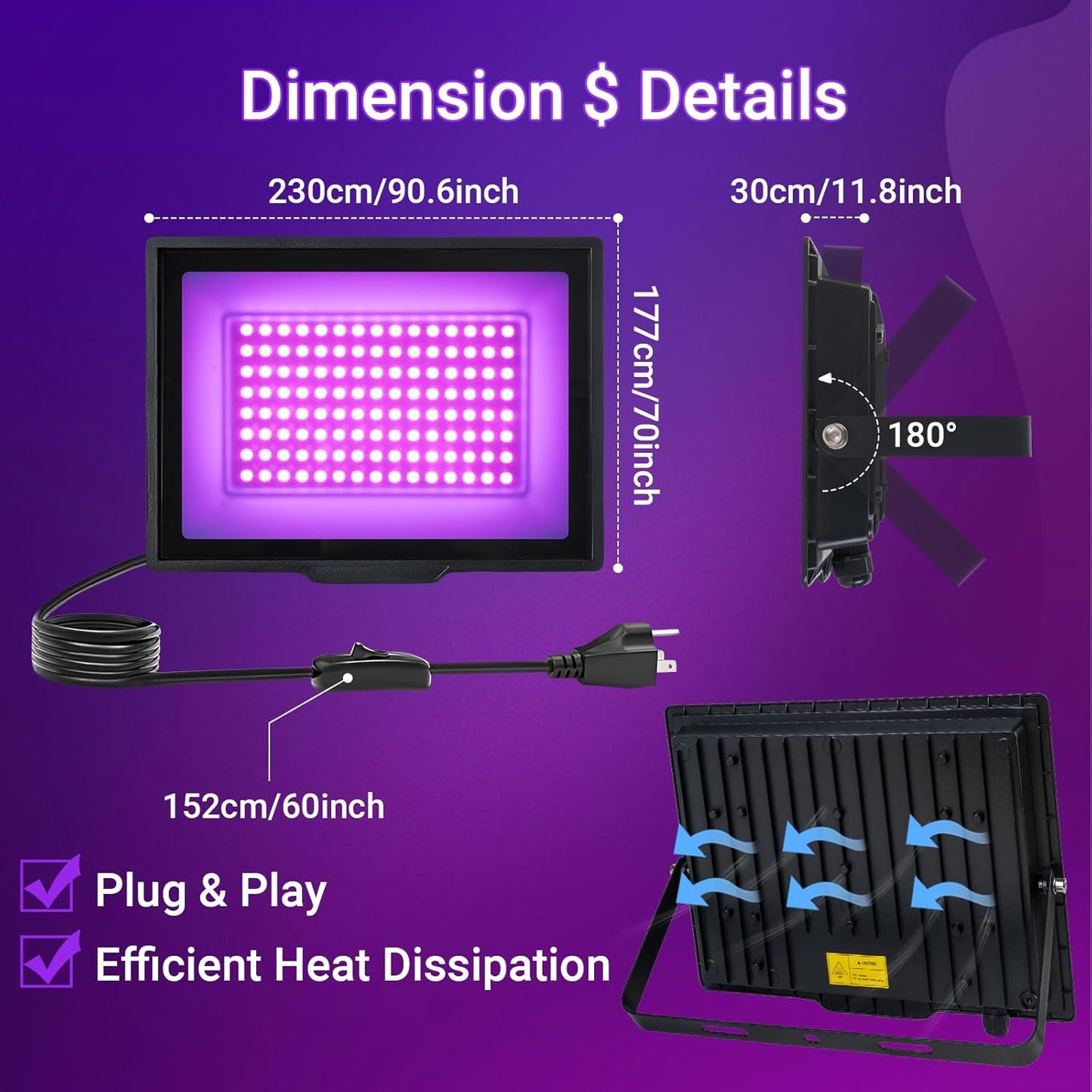 2 Pack 80W LED Black Lights, IP66 Waterproof Blacklight Flood Lights with Plug & Switch, UV Lighting for Halloween Party, Glow in The Dark, Body Paint, Stage & Neon Glow Decor