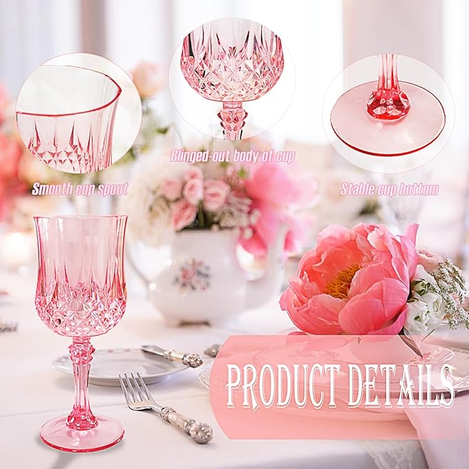 48 PCS Pink Plastic Wine Glasses,Reusable Plastic Wine Glasses,Pink Goblet Glass,Durable and Sturdy Cups Can Be Used for Various Parties Such as Weddings!