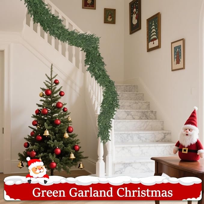 Christmas Garland Soft Bendable Realistic Artificial Cedar Pine Green Xmas Mantle Garland for Staircase with Gift Box Garlands for Decoration Christmas Fireplace Porch Table Home Yard Decor