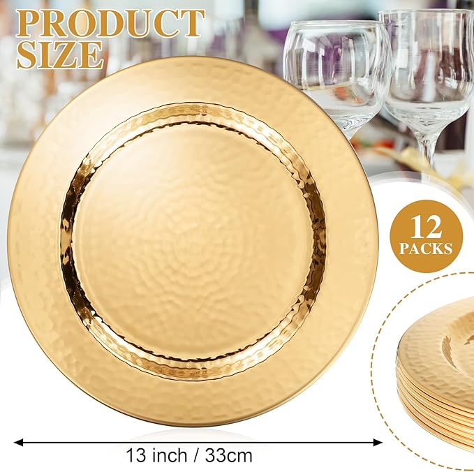 12 Packs Chargers Plates Bulk 13 Inch Stainless Steel Hammered Rim Round Elegant Dinner Plates Luxury Decorative Chargers for Wedding Party Catering Upscale Events (Gold)