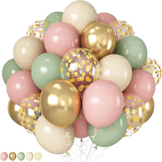 Pink and Green Balloons Retro Sage Olive Green Pink Beige Metallic Gold Confetti Latex Balloon for Easter Jungle Safari Christmas Woodland Floral Fairy Birthday Party Decorations