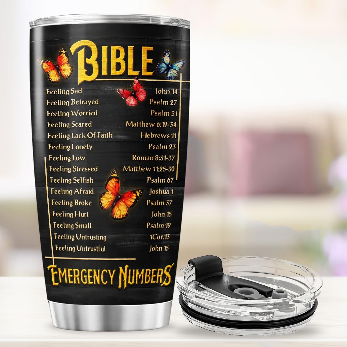 Christian Lion Tumbler with Bible Emergency Numbers, 20oz Stainless Steel Insulated Cup for Men and Women, Faith Gift for Birthday, Church, Spiritual Encouragement