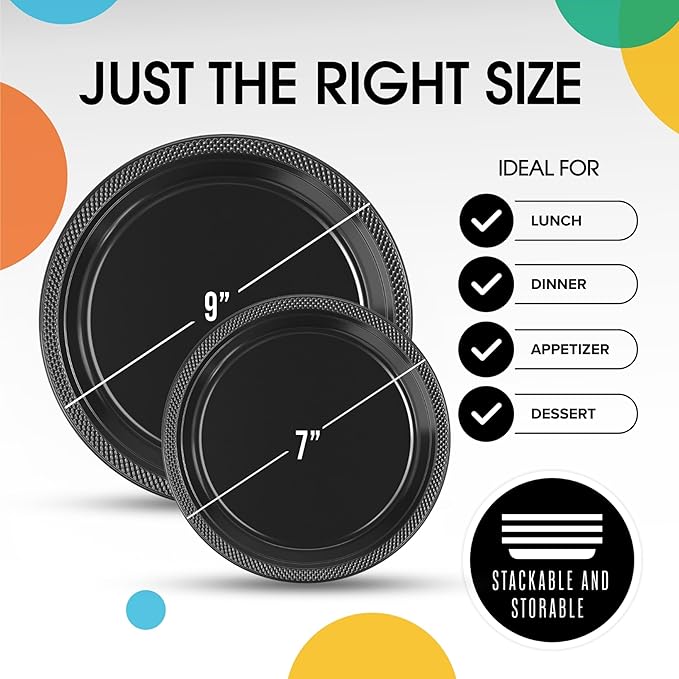 Party Solids Black Plastic Plates For Party Supplies, Black Disposable Plates 100 Pieces - 50-7" & 50-9" Heavy Duty 350 GSM Disposable Dinnerware Sets, Plastic Dinnerware Sets